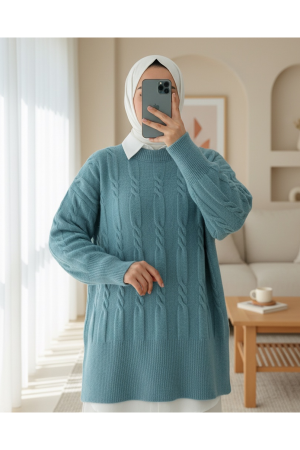 Soft Knitted Sweater with Embossed Pattern  - Turquoise