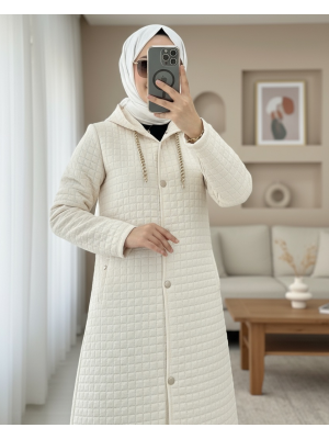 Long Quilted Coat with Chain Detail on Collar   - Beige
