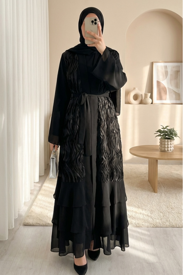 Two-piece abaya set with tulle detail at the front and a belted skirt. -Black