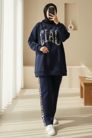 Önü Yazılı Leopar Deseni Detaylı Üç İplik Sweat Takım  -Laci