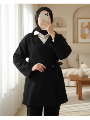 Side Tie Boucle Kimono -Black