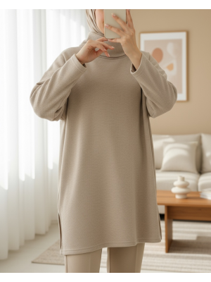 Balıkçı Yaka Yırtmaçlı Selanik Tunik   -Taş