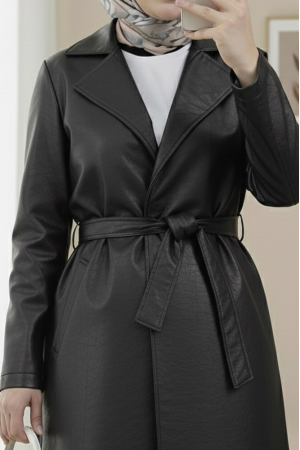    Beli Kemerli Yan Cebli Tek Düğmeli Deri Trençkot -Siyah