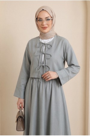 Önü Bağcıklı Beli Lastikli Etekli Keten Takım        -Gri