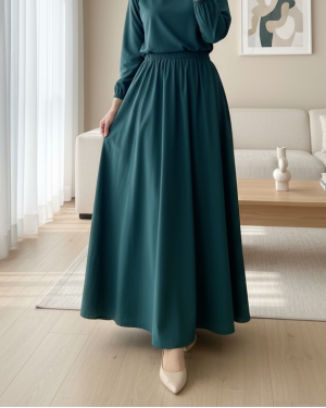 Beli Lastikli Çift Cepli Poplin Kloş Etek           -Zümrüt