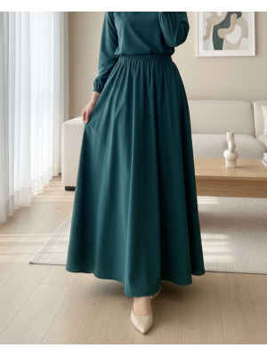 Beli Lastikli Çift Cepli Poplin Kloş Etek           -Zümrüt