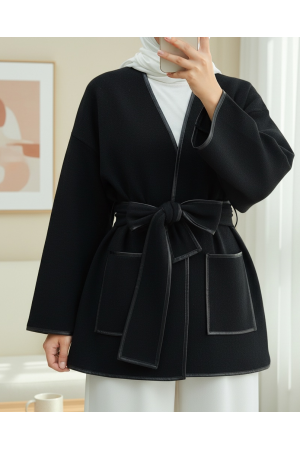 Biye Detaylı Çift Cepli Kuşaklı Kaşe Kimono -Siyah