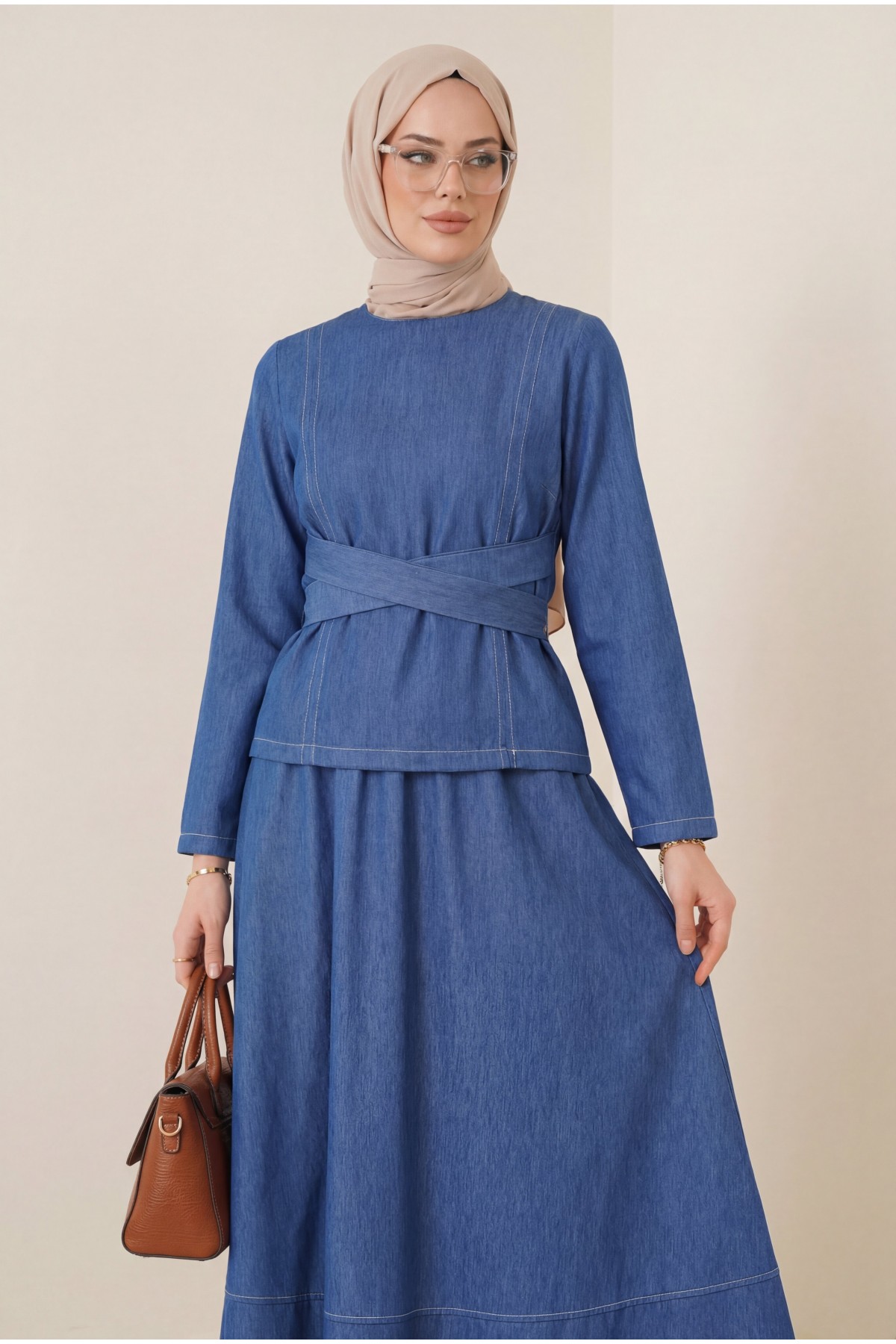 Round Neck, Cross-Tie Waist, Skirted Tencel Set -اللون النيلي