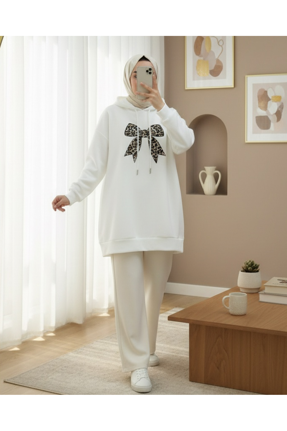 Bow Detailed Hooded Cotton Sweater -White