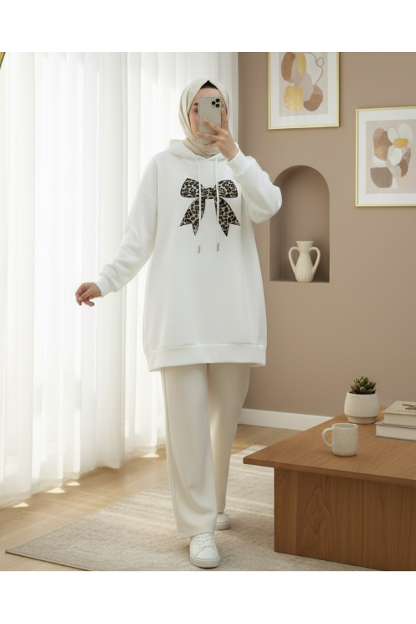 Bow Detailed Hooded Cotton Sweater -White