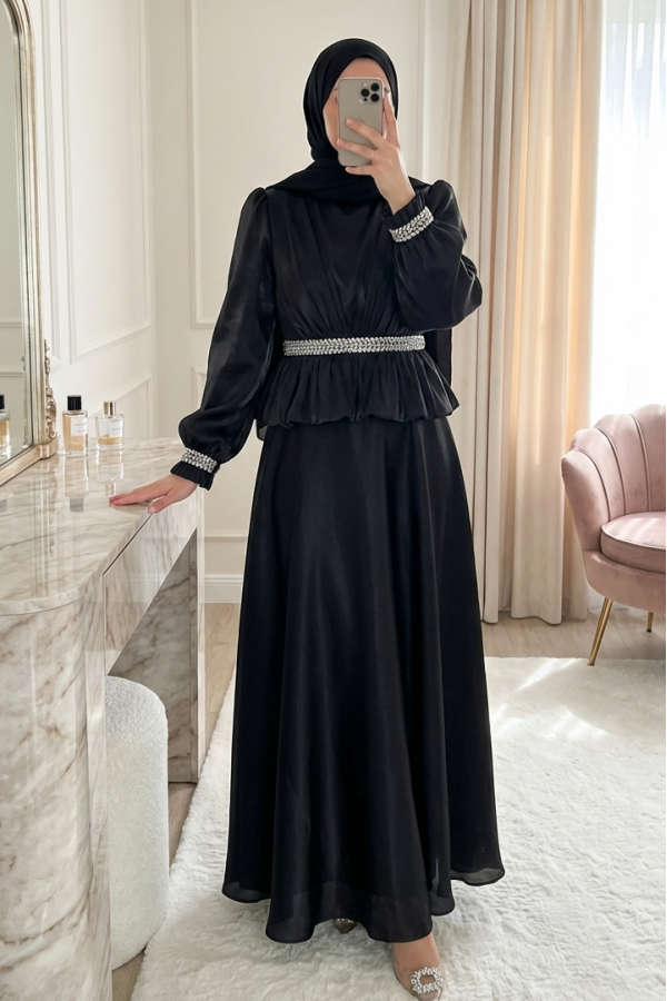 Satin Evening Dress with Ruffled Waist Detail and Rhinestone Embellishments -Black