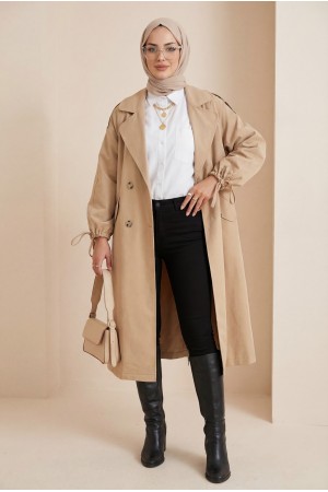 Kapaklı Cepli Kolu Bağcıklı Trençkot -Vizon