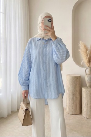 Çizgili Düğmeli Arkası Uzun Salaş Gömlek -Buz Mavi