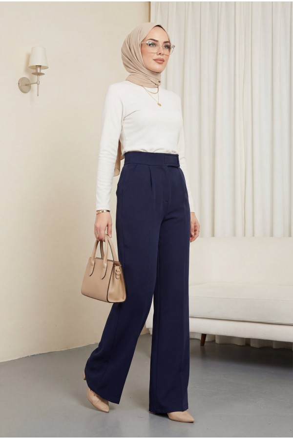 Tube Leg Fabric Trousers with Velcro Waist Detail -Navy blue
