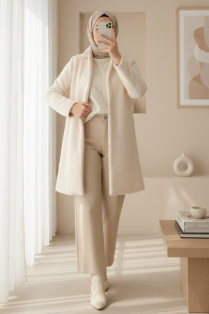 9082 Oversize Kaşe Kaban - Ekru