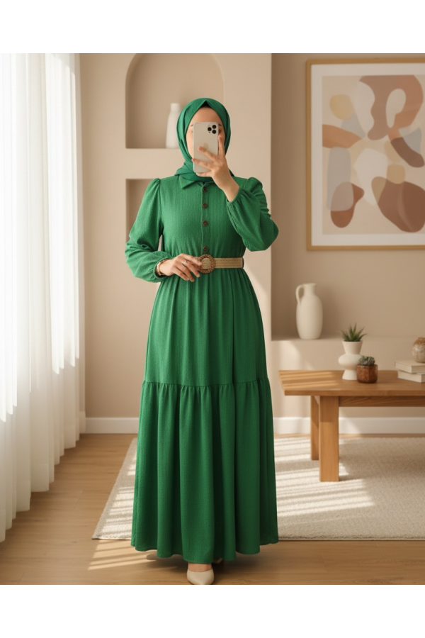 Pieced Half Button Belted Crinkle Dress -Green