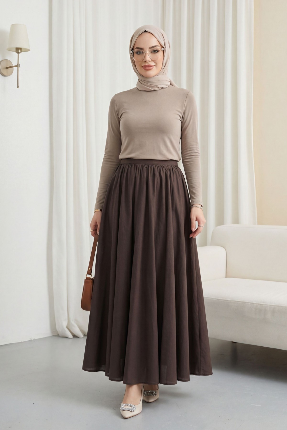 Lined, Zippered Summer Flared Linen Skirt -Brown