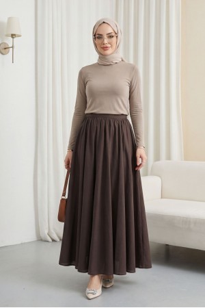 Fermuarlı Astarlı Yazlık Kloş Keten Etek -Kahve