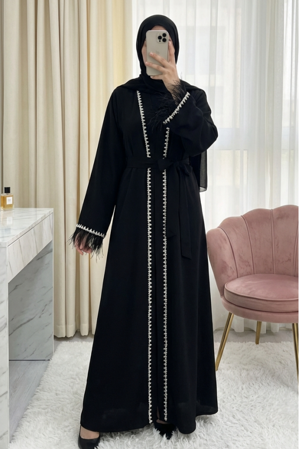 Abaya with Feathered Sleeves and Row of Stone Details, and Belt -Black