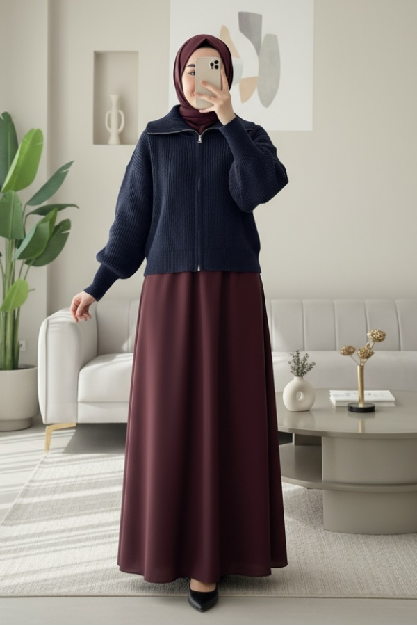 Half-Necked Zippered Knitwear Cardigan -Navy blue