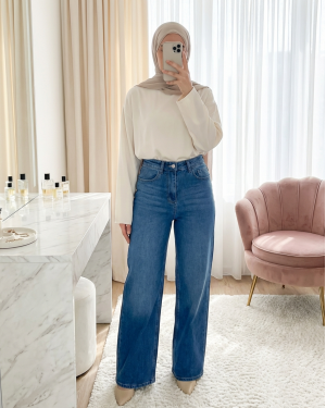 بنطلون جينز بالازو بجيوب وسحاب -أزرق فاتح