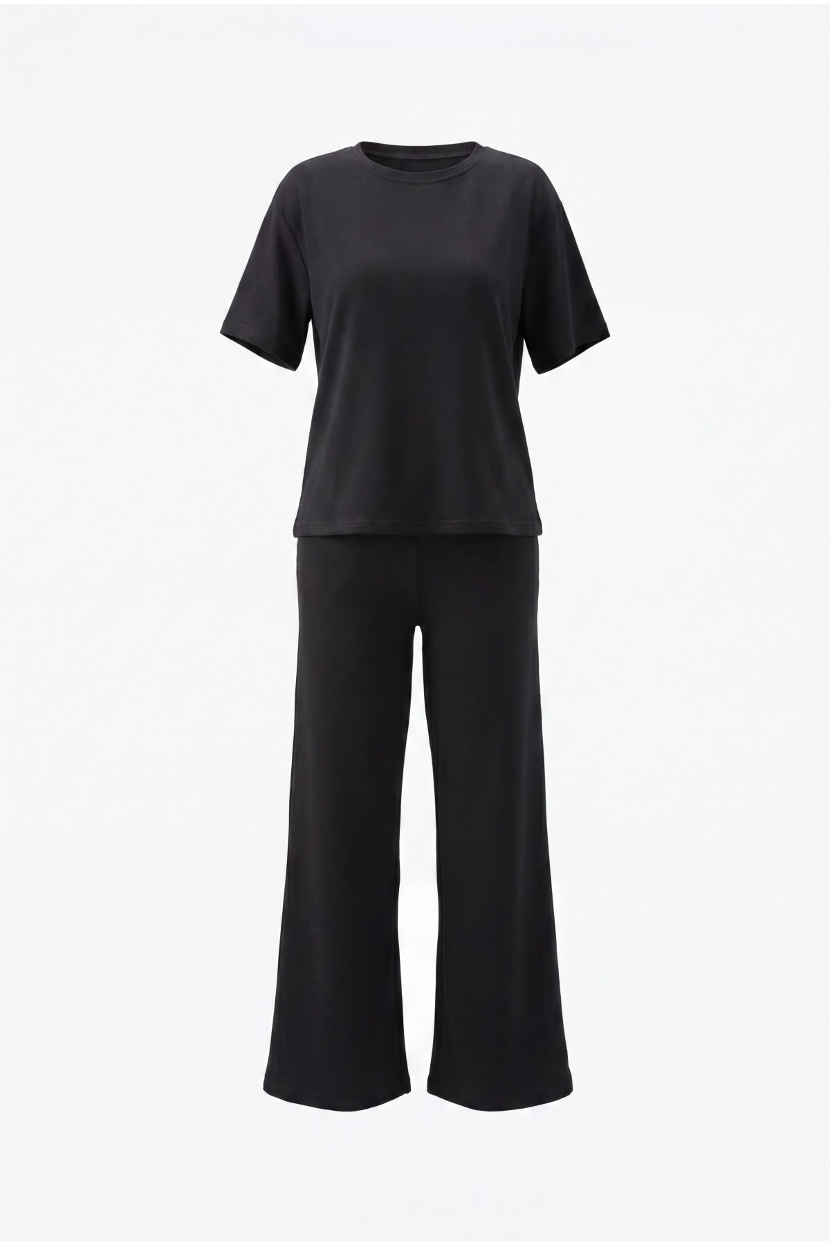 Crew Neck Short Sleeve Trousers with Pockets and Drawstring Waist Oysho Set -Black detay görseli