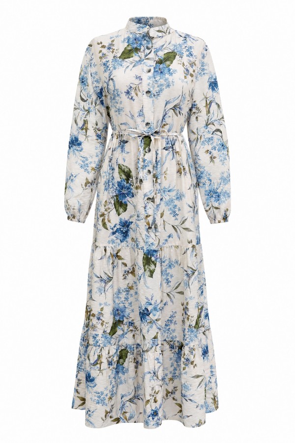 Mandarin Collar Half-Button Mixed Patterned Polycotton Dress with Elasticated Sleeves -İndigo