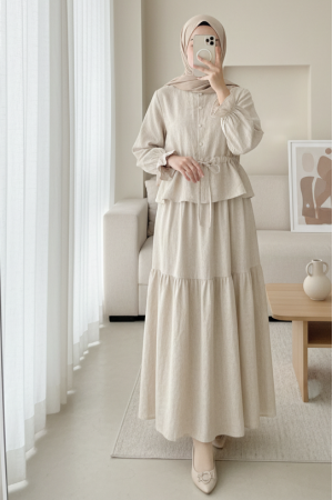 Önü Düğmeli Kolu Lastikli Tünel Bağcıklı Keten Takım  -Bej