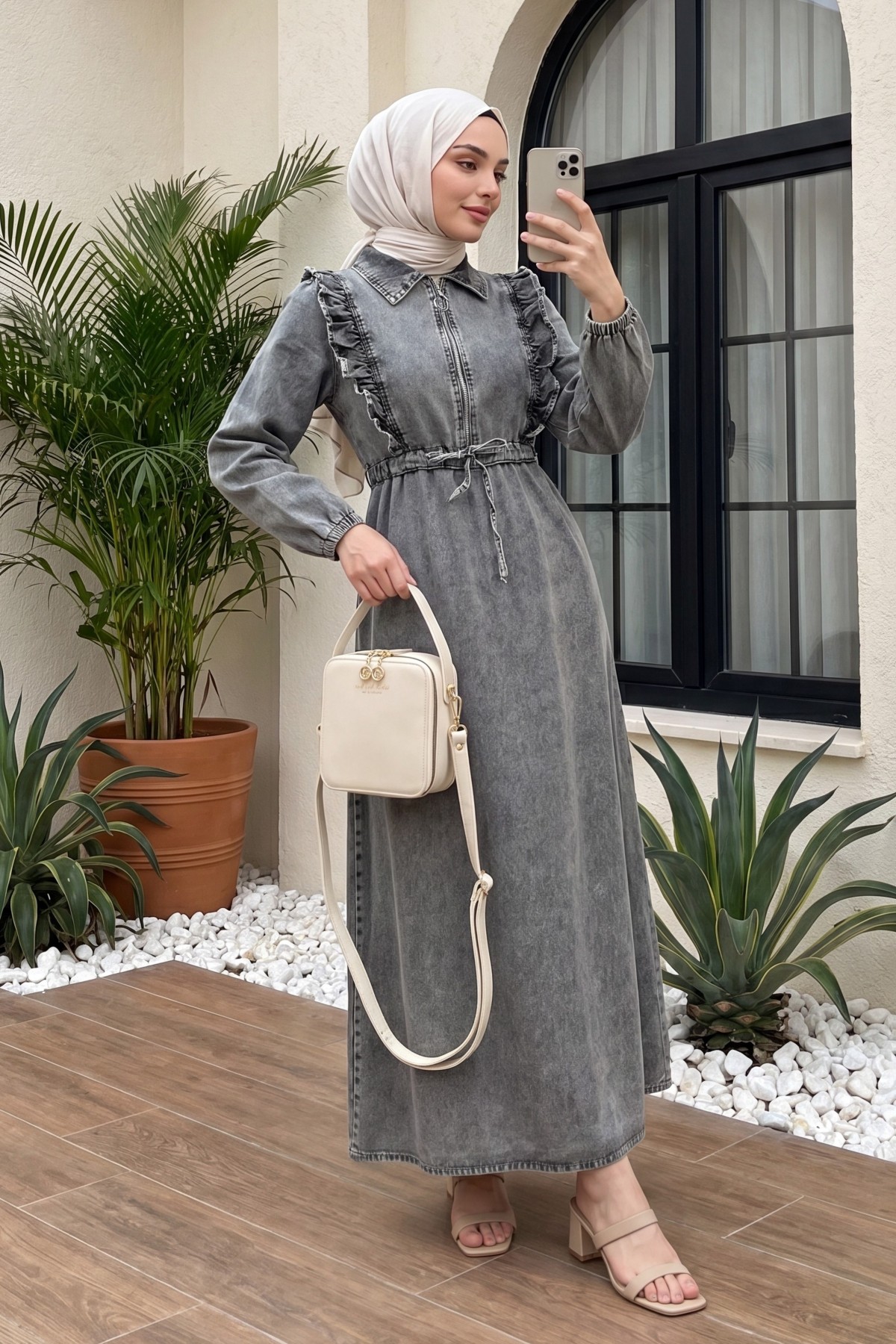 Ruffled Ruffle Waist Smocked Denim Dress  -Smoked 