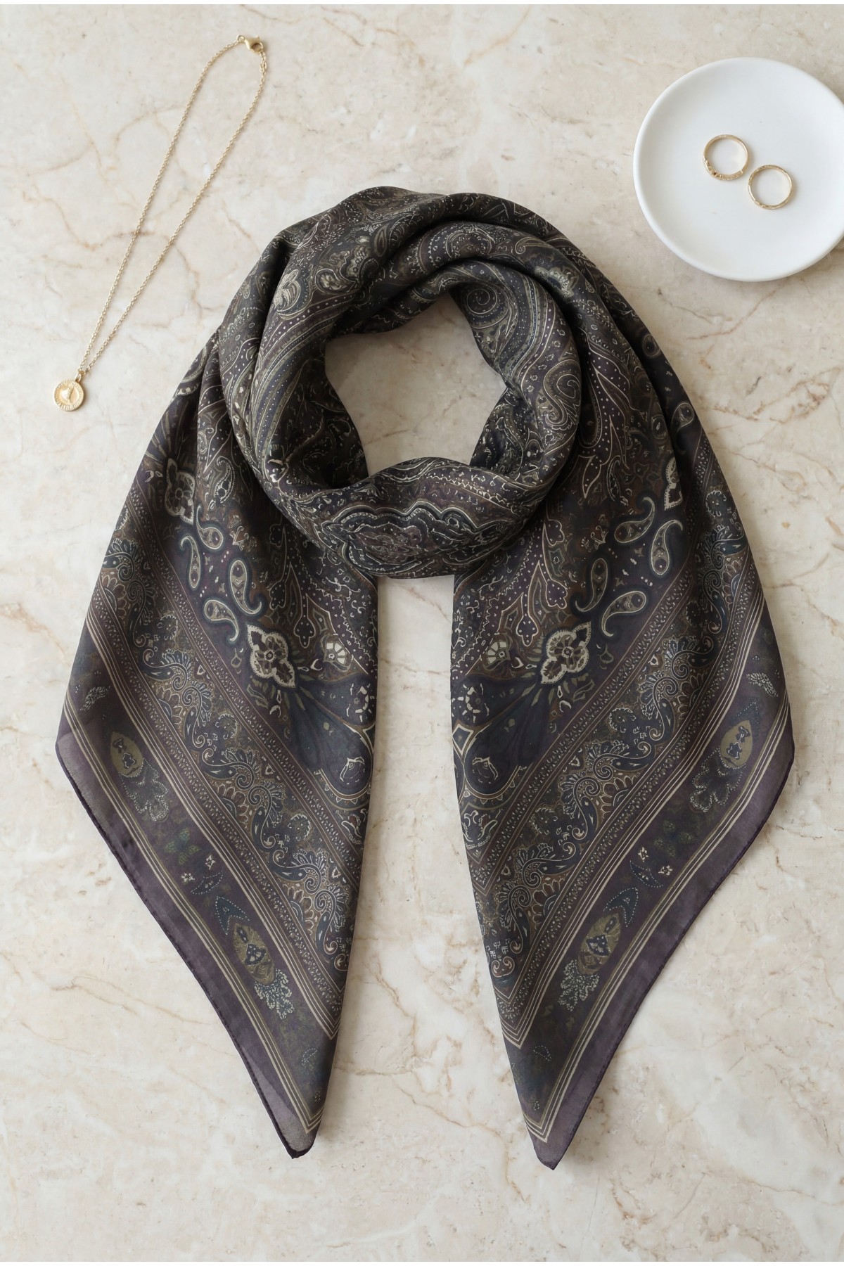 Framed Ethnic Pattern Cotton Scarf -Damson