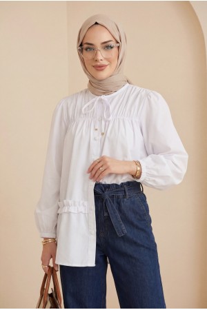 بنطال جينز بحزام خصر وجيوب مرنة  -لون