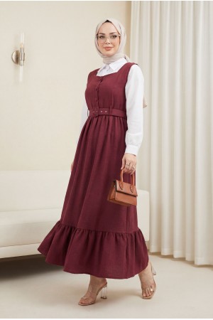 Top Düğmeli Altı Fırfırlı Beli Kemerli  Jile Elbise -Bordo