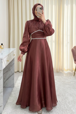 Yakası Fiyonklu Beli Taş Detaylı Balon Kol Abiye -G.Kurusu