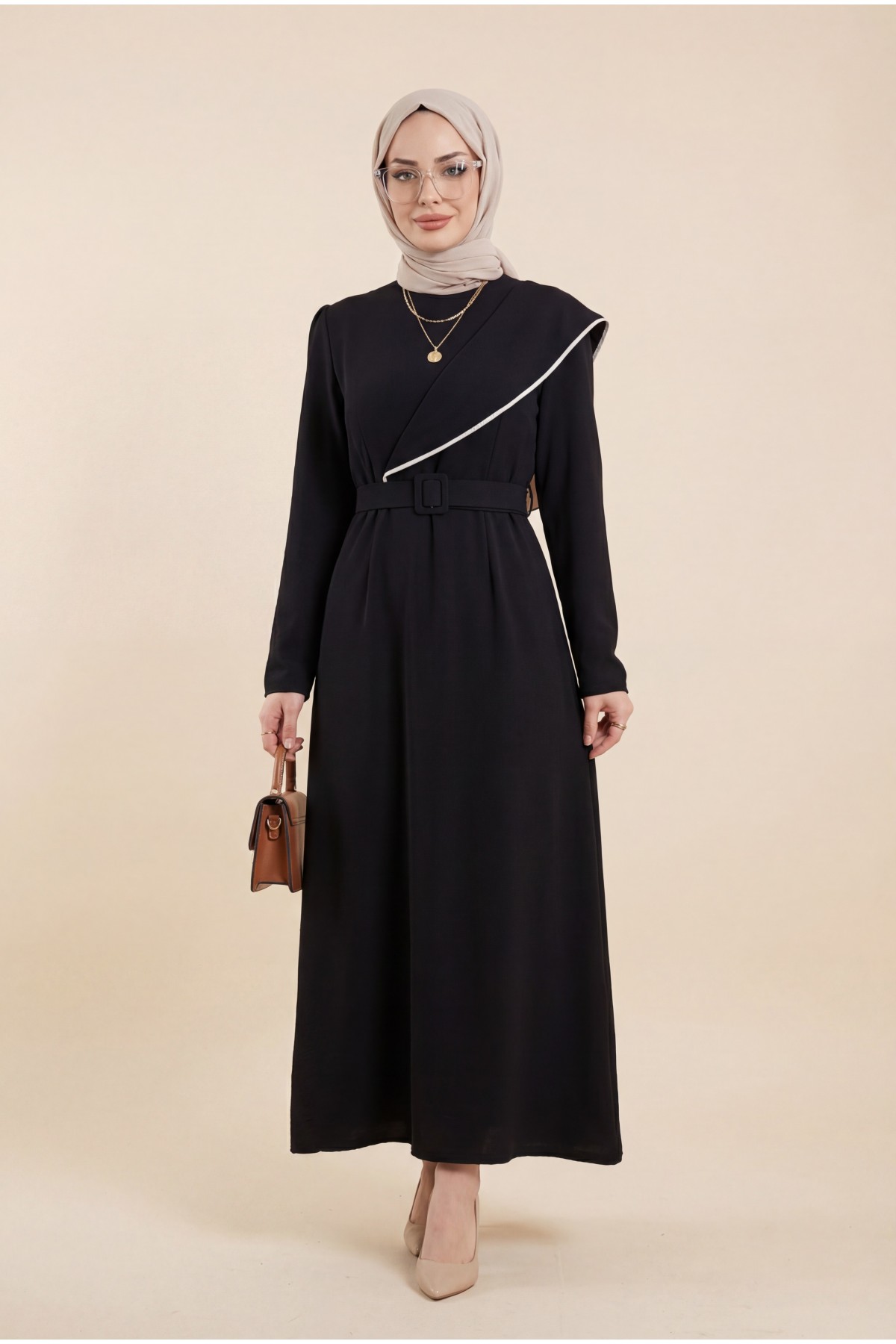Stone embroidered Belted Crepe Dress -Black
