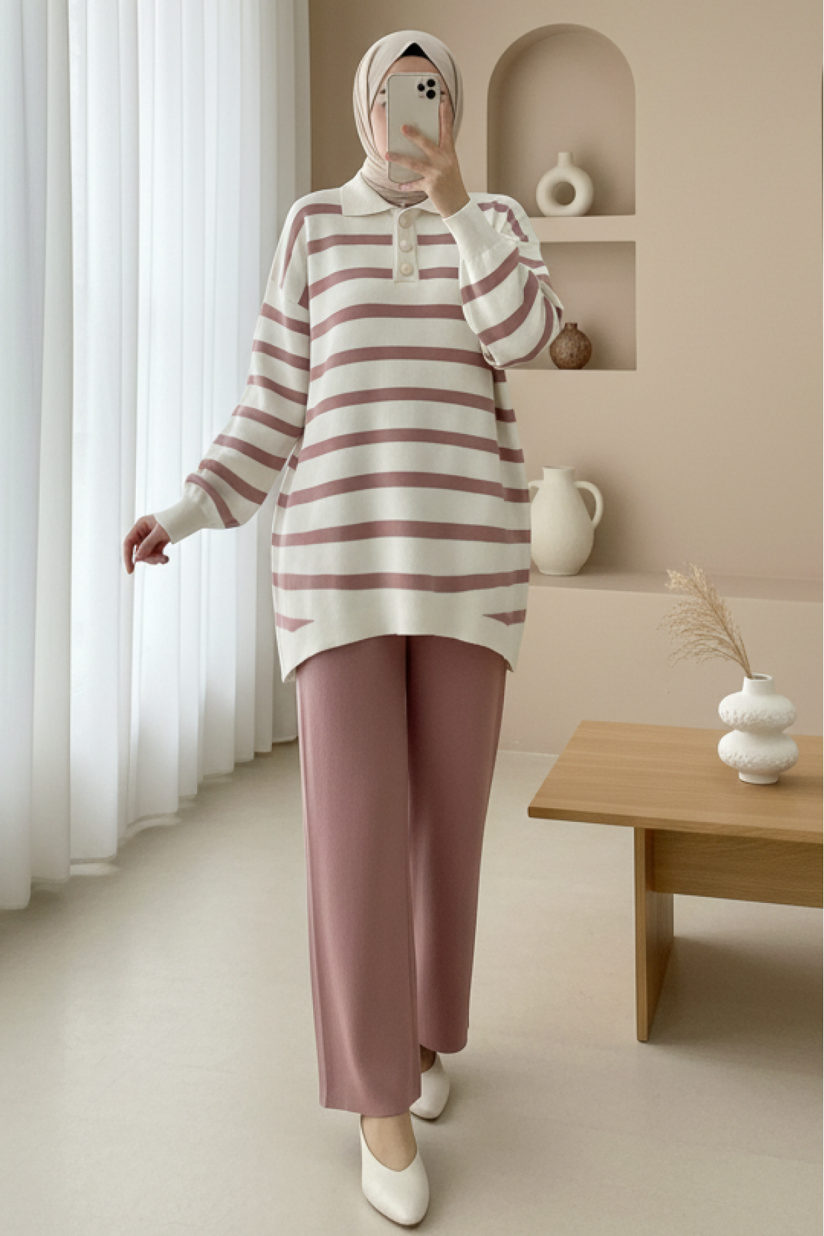Polo Collar Buttoned Striped Knitwear Suit -Dried rose