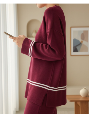 Eteği Ve Kolu Çizgili Triko Takım -Bordo