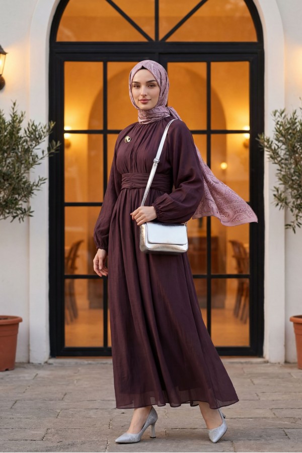 Belted, Elasticated Cuff, Brooch-Detailed, Lined, Linen-Look Dress -Damson
