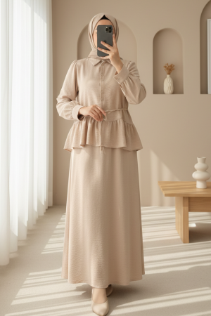 Parçalı Büzgülü Bluz Etekli Takım -Bej