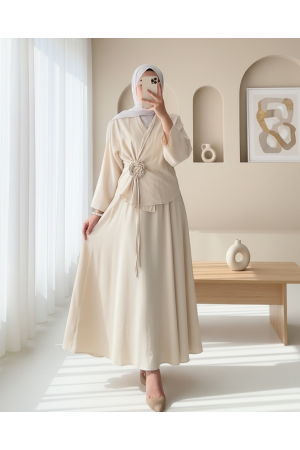 Rose Brooch Side Tie Jacket Skirt Linen Suit - Beige