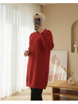 Yürütme Örgü Baklava Desenli Triko Tunik      -Kırmızı