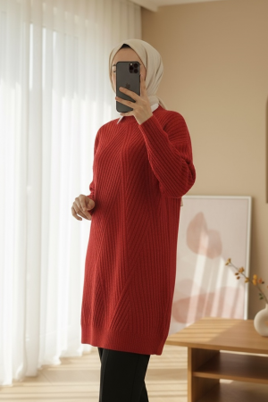 Execution Knitting Diamond Patterned Knitwear Tunic      -Red