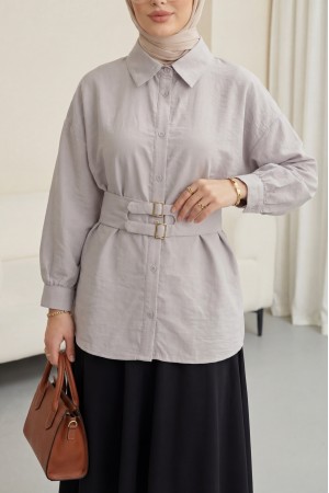 Çift Tokalı Lastikli Kemerli Önü Düğmeli Cupra Gömlek -Açık Gri