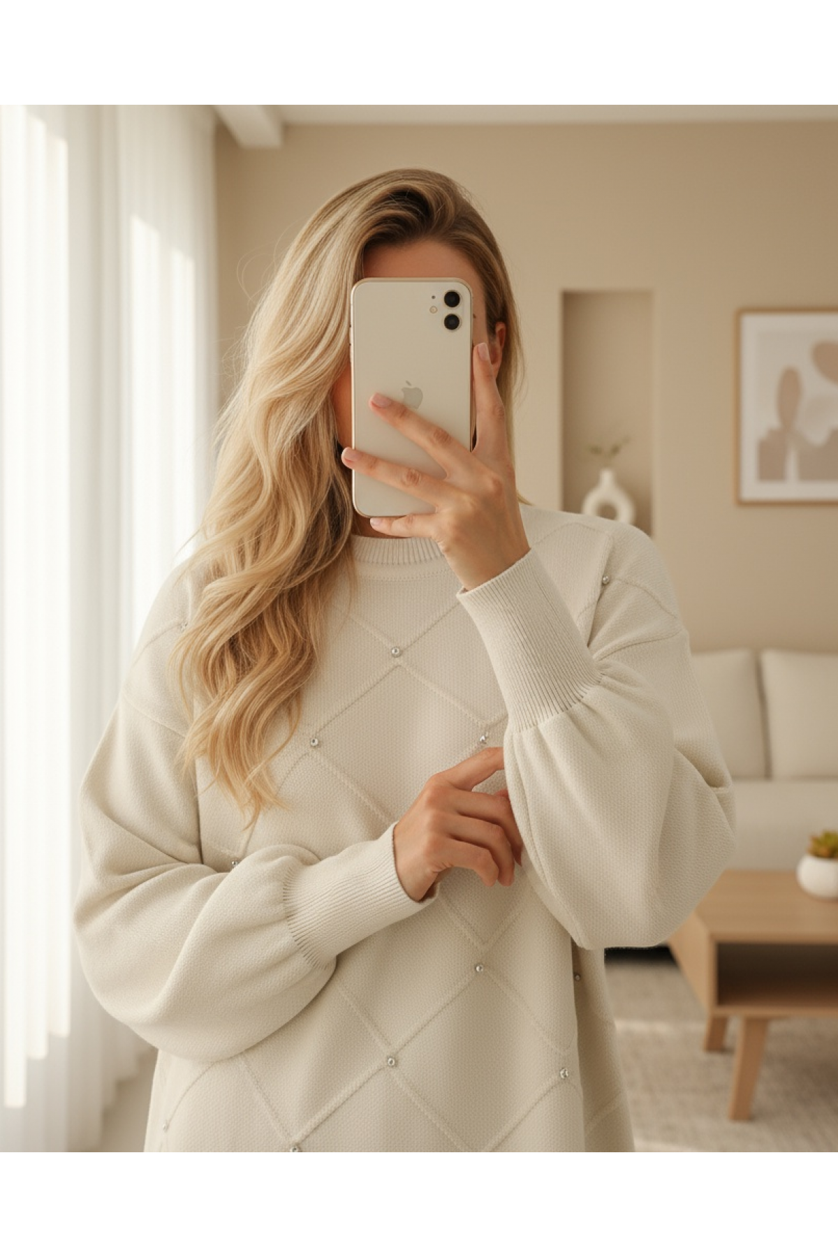 Square Patterned Knit Tunic with Stone Details -Cream color