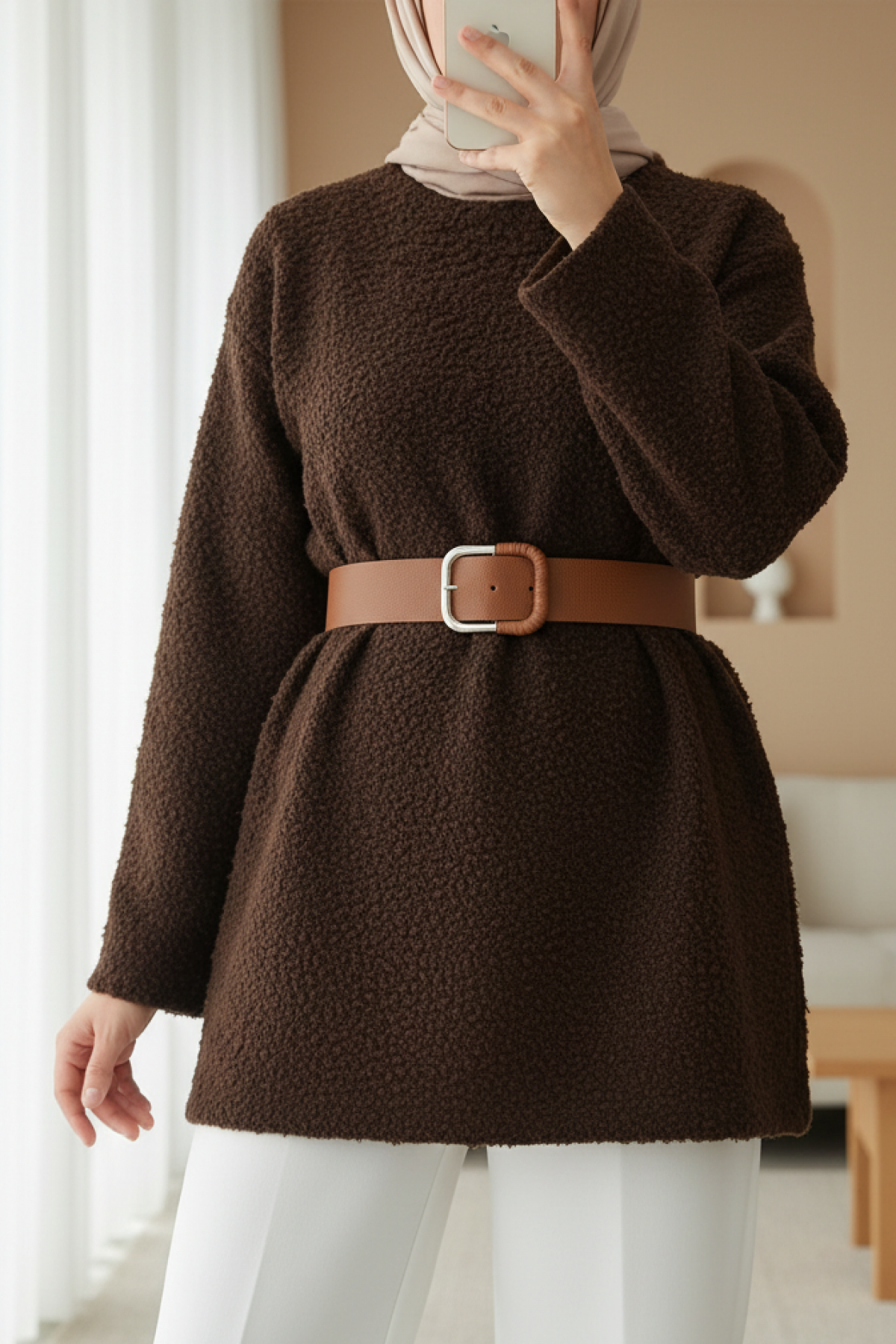 Thick  Belted Boucle Sweater -Brown