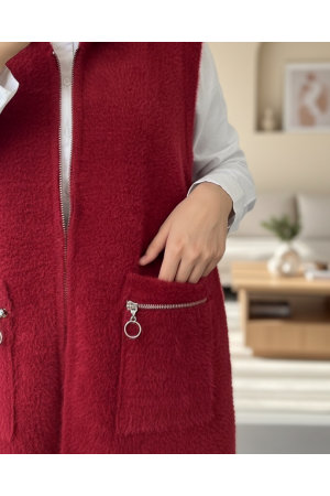 Önü Fermuarlı Torba Cepli Sakallı Yelek -Kırmızı