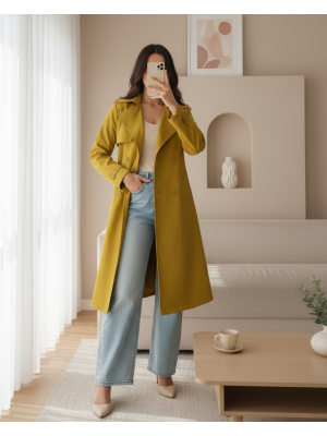 5918 Kruvaze Yaka Trençkot - Yağ Yeşil