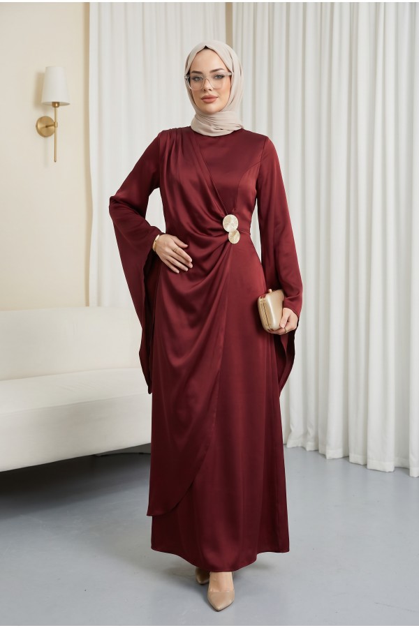 Buckle Detailed Double Front Asymmetrical Sleeve Satin Evening Dress -Maroon