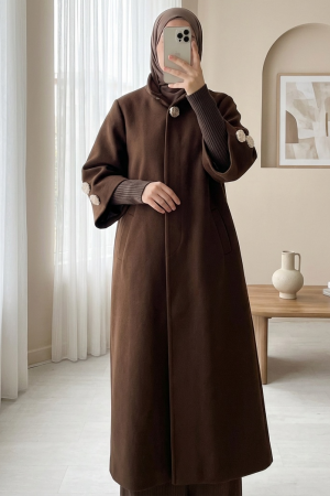 Gold Broşlu Gizli Çıtçıt Düğmeli Cepli Astarlı Kaşe Kap  -Kahve