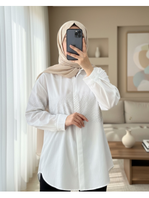 Önü Taşlı Poplin Gömlek -Beyaz