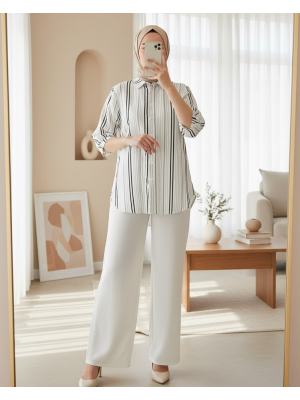 Kadın Çizgili Kısa Kol Gömlek 20345 - Taş